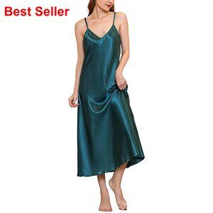 Satin Nightgown Long V-Neck Adjustable Straps Slim Waist Sleep Dress